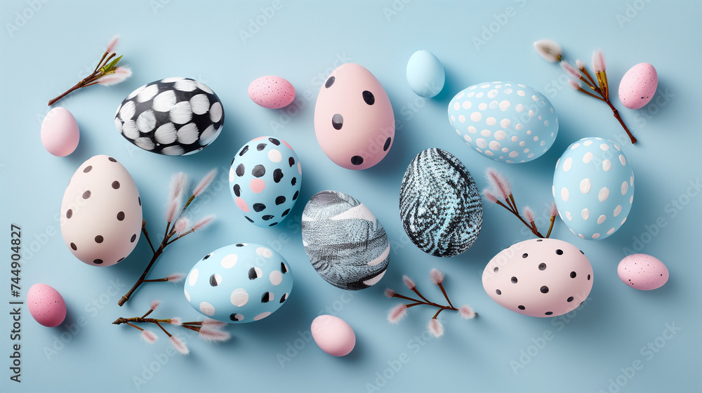 Happy Easter. Horizontal banner, colorful eggs on blue background,  pastel colors