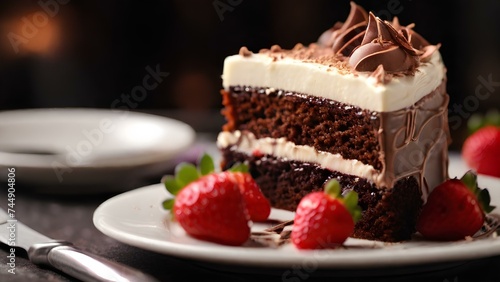 A macro shot of a chocolate cake slice with a moist crumb and a creamy frosting. The cake is decorated with chocolate shavings and strawberries.