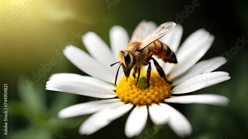 A macro shot of a bee on a daisy with a yellow center and white petals. © Tri