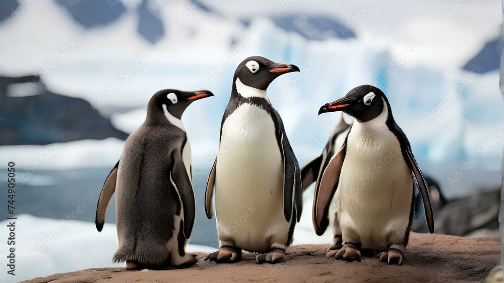 Fototapeta premium A group of penguins huddle together on a snowy hill, keeping each other warm.