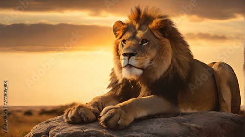 A majestic lion rests on a rock  overlooking the vast savanna. The sun is setting behind him  casting a golden glow on his fur and mane.