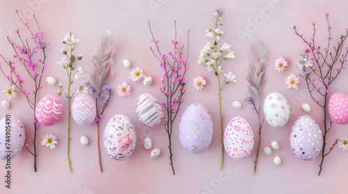 Wallpaper Mural Happy Easter. Horizontal banner, colorful eggs on pink  background, lilac pastel colors Torontodigital.ca