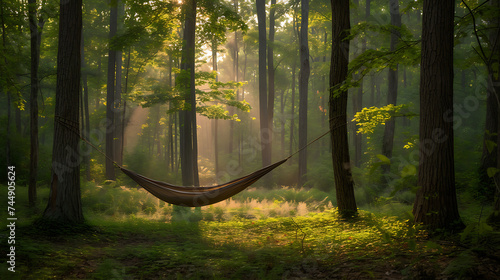 Um refúgio sereno rede entre árvores córrego suave yoga na clareira conexão com a natureza e tranquilidade