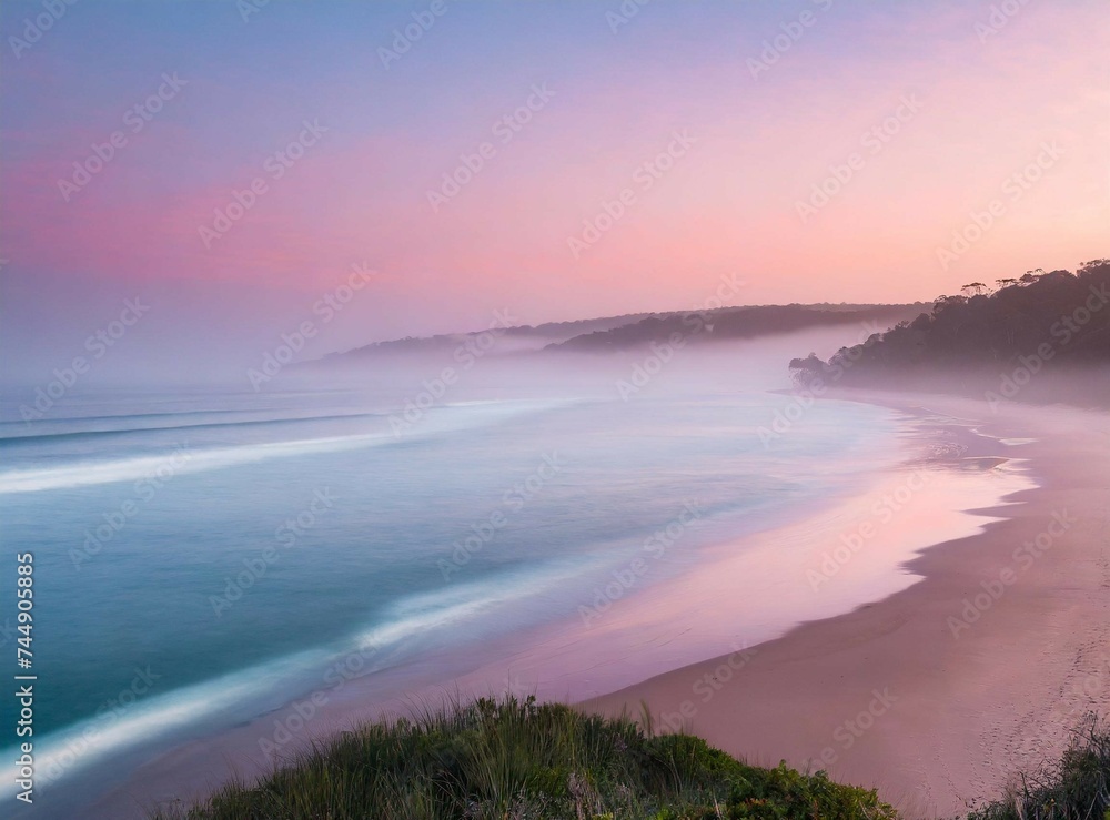 Fototapeta premium Misty beach with pink sky