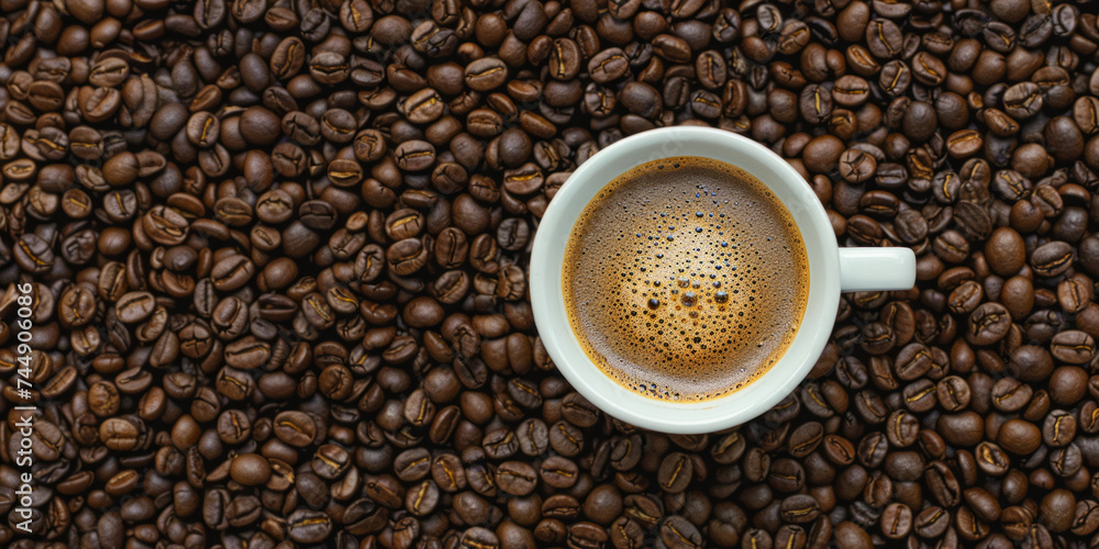 Top view of a fresh cup of coffee on a bed of roasted beans Top view of a fresh cup of coffee on a bed of roasted beans
