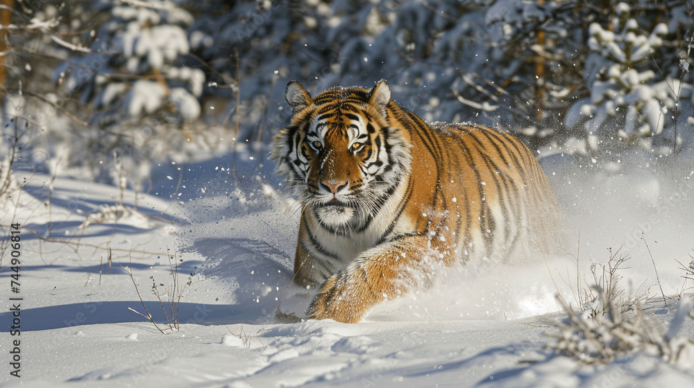 siberia tiger running through snow-covered wilderness