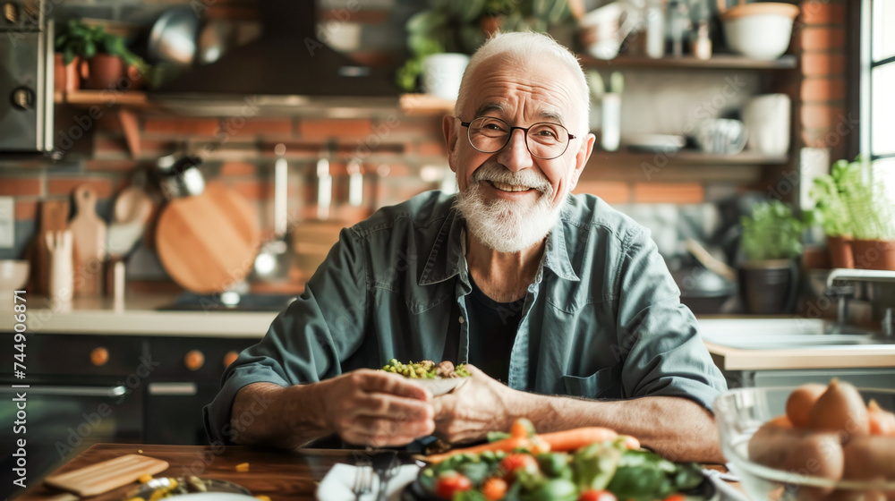 Senior Man Presenting Healthy Salad at Home.