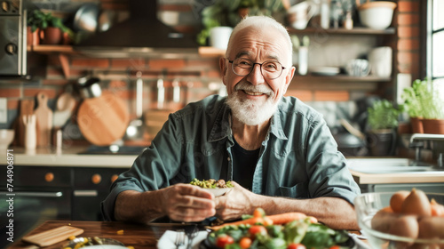 Senior Man Presenting Healthy Salad at Home. © NORN