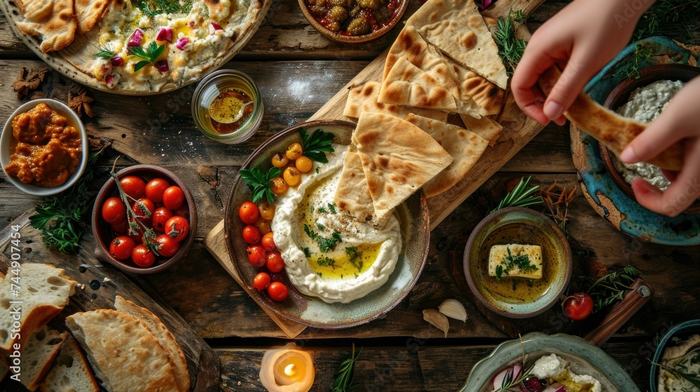 A vibrant mezze spread of Mediterranean flavors, including hummus, tzatziki, and baba ganoush, served with warm pita bread and olive oil. Generative AI. A vibrant mezze spread of Mediterranean flavors, including hummus, tzatziki, and baba ganoush, served with warm pita bread and olive oil. Generative AI.