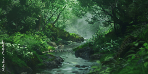 a stream runs through a lush green forest  generative AI