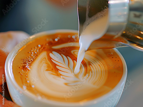 barista pouring milk latte art from silver pitcher into the hot coffee cup. high angle close up. photo