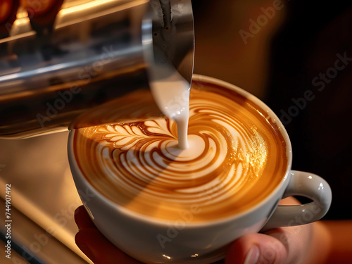 barista pouring milk latte art from silver pitcher into the hot coffee cup. high angle close up. photo