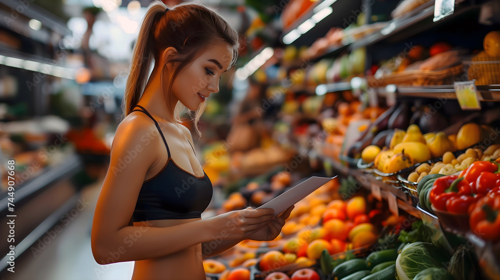 Fit young woman checks shopping list in fruit and vegetable aisle at grocery store