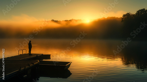 Cena serena Silhueta ao amanhecer sobre um lago tranquilo refletindo a paz da natureza e convidando à reflexão photo