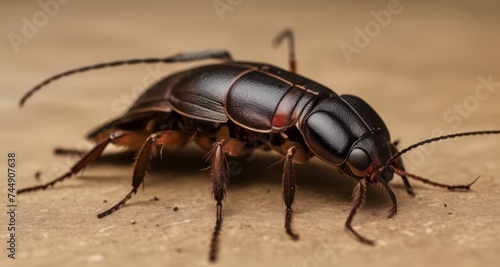  Close-up of a shiny, black beetle with vibrant red eyes