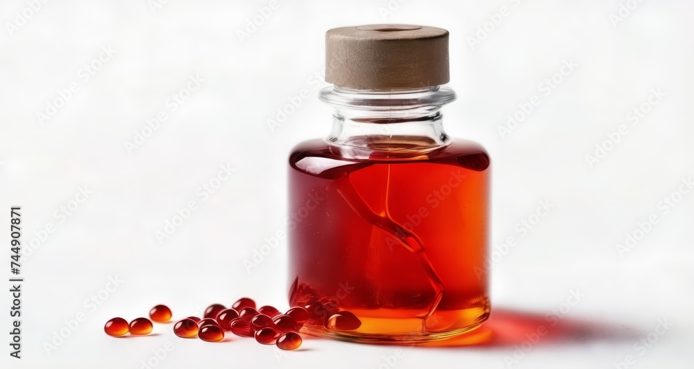 Red liquid in glass bottle with wooden cork, surrounded by red beads Red liquid in glass bottle with wooden cork, surrounded by red beads