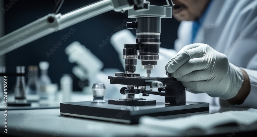 Precision in Science - A researcher meticulously operates a microscope Precision in Science - A researcher meticulously operates a microscope