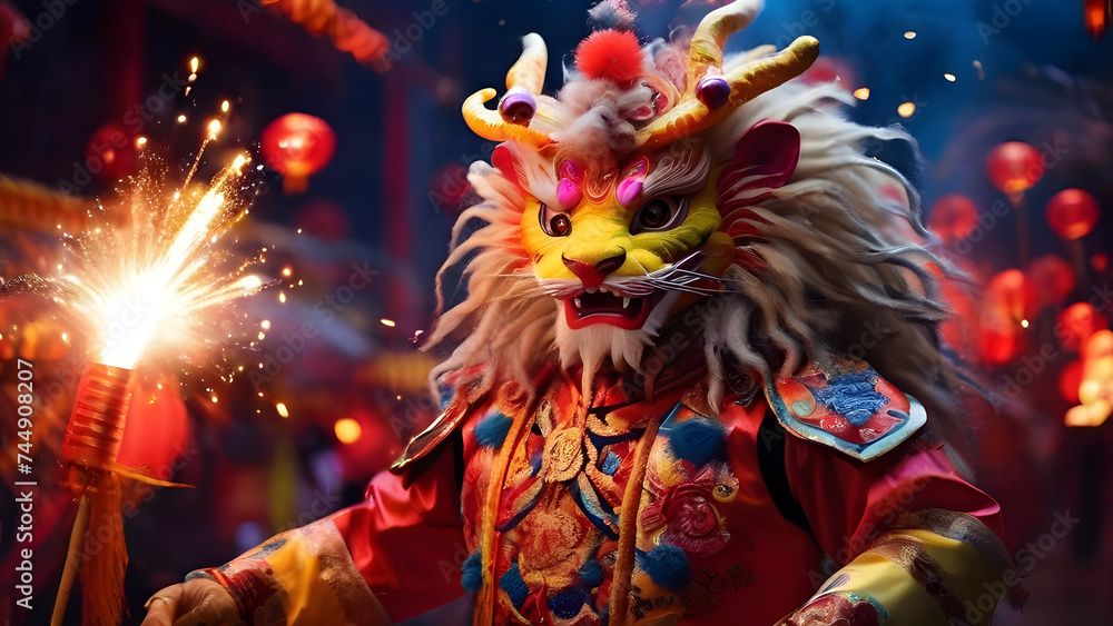 Dancers in carnival traditional costume dragon lion
