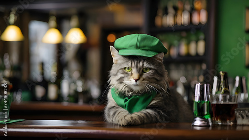 gray tabby cat bartender in a green hat