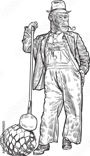 Vintage hand drawn sketch of chimpanzee agave farmer