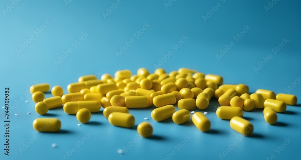 A collection of yellow pills on a blue background A collection of yellow pills on a blue background