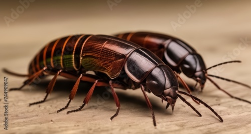  Close-up of two shiny, brown beetles with intricate patterns