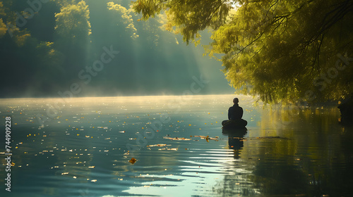 Prática matinal de yoga junto a um lago isolado um momento sereno de tranquilidade e harmonia com a natureza © Alexandre
