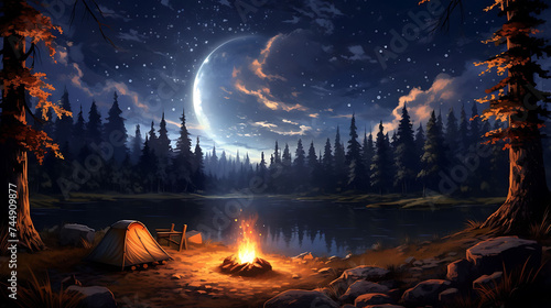 A campfire under a starry night sky.