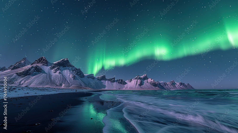 Amazing view of the green auroras glowing in the night sky over the snowy ridges with black sand Stocknes beach and Vestrahorn mountains.