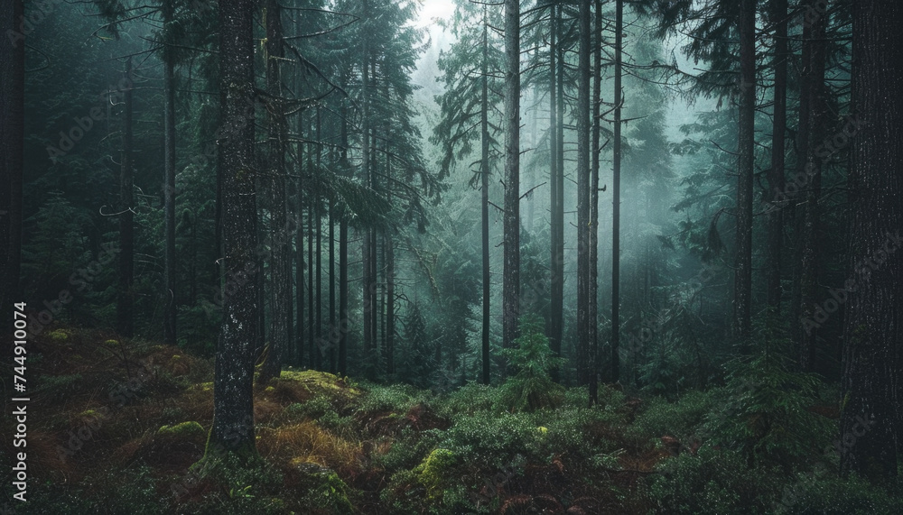 Photo of a pacific northwest forrest on a rainy day, foggy and mystic mountain forrest, gloomy dark forest during a foggy day, North Vancouver, British Columbia, Canada, European forrest