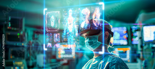 Virtual Reality VR technology with medical. Doctor diagnosis on simulated monitor in operating room.