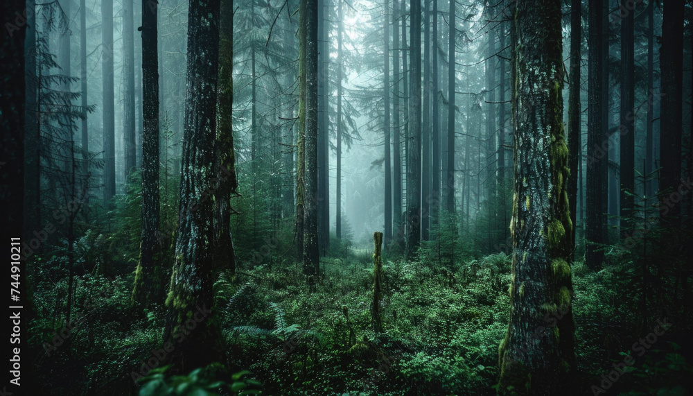 Naklejka premium Photo of a pacific northwest forrest on a rainy day, foggy and mystic mountain forrest, gloomy dark forest during a foggy day, North Vancouver, British Columbia, Canada, European forrest