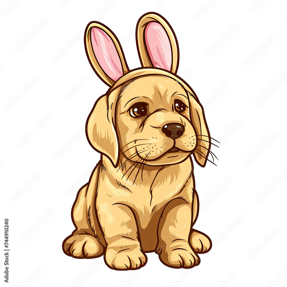 Cartoon Labrador Retriever puppy wearing Easter Bunny Ears, isolated on white