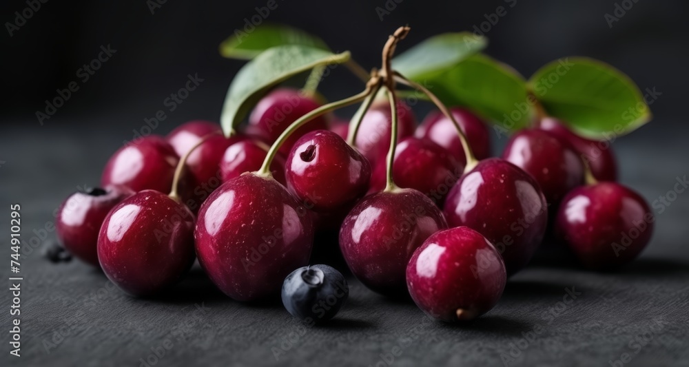 Obraz premium Bright red cherries with a hint of blueberry, ready for a sweet summer treat