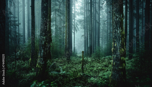 Photo of a pacific northwest forrest on a rainy day  foggy and mystic mountain forrest  gloomy dark forest during a foggy day  North Vancouver  British Columbia  Canada  European forrest