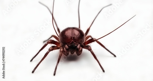  Close-up of a vibrant red spider with long legs against a white background