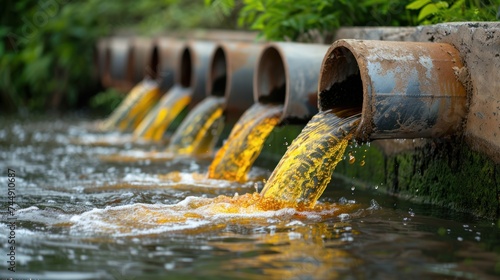 Industrial Pipes Discharging Liquid into a River with Algae Growth