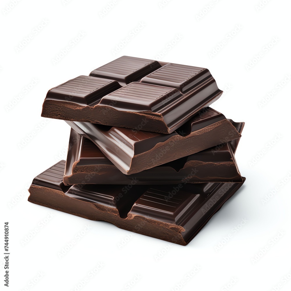 a pieces of black chocolate, studio light , isolated on white background