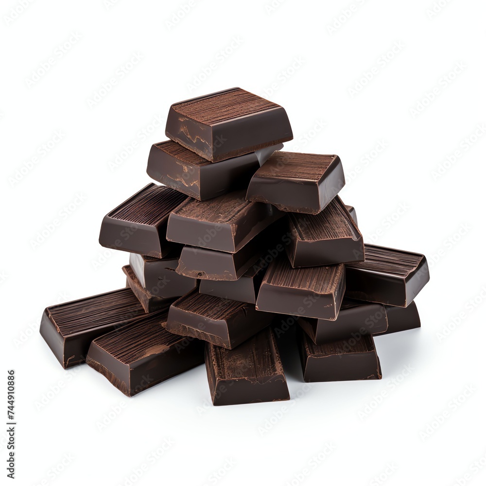 a pieces of black chocolate, studio light , isolated on white background