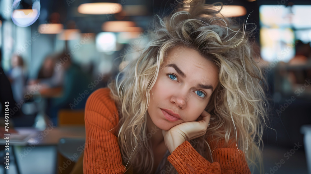 Tired blonde woman with tousled hair looking contemplative in a busy cafe