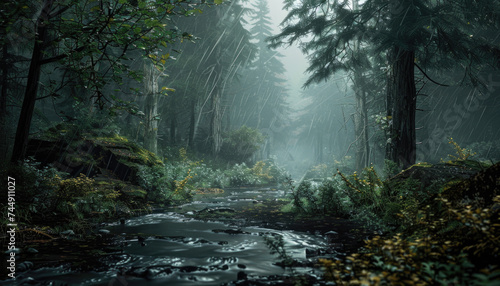 Photo of a pacific northwest forrest on a rainy day, foggy and mystic mountain forrest, gloomy dark forest during a foggy day, North Vancouver, British Columbia, Canada, European forrest