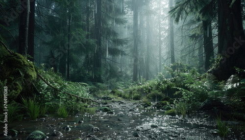 Photo of a pacific northwest forrest on a rainy day, foggy and mystic mountain forrest, gloomy dark forest during a foggy day, North Vancouver, British Columbia, Canada, European forrest photo