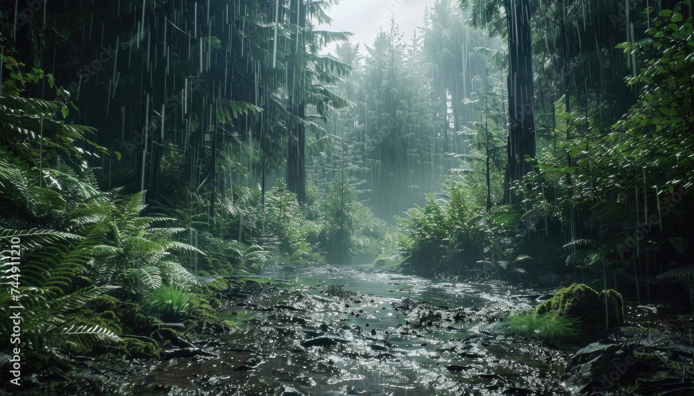 Obraz premium Photo of a pacific northwest forrest on a rainy day, foggy and mystic mountain forrest, gloomy dark forest during a foggy day, North Vancouver, British Columbia, Canada, European forrest