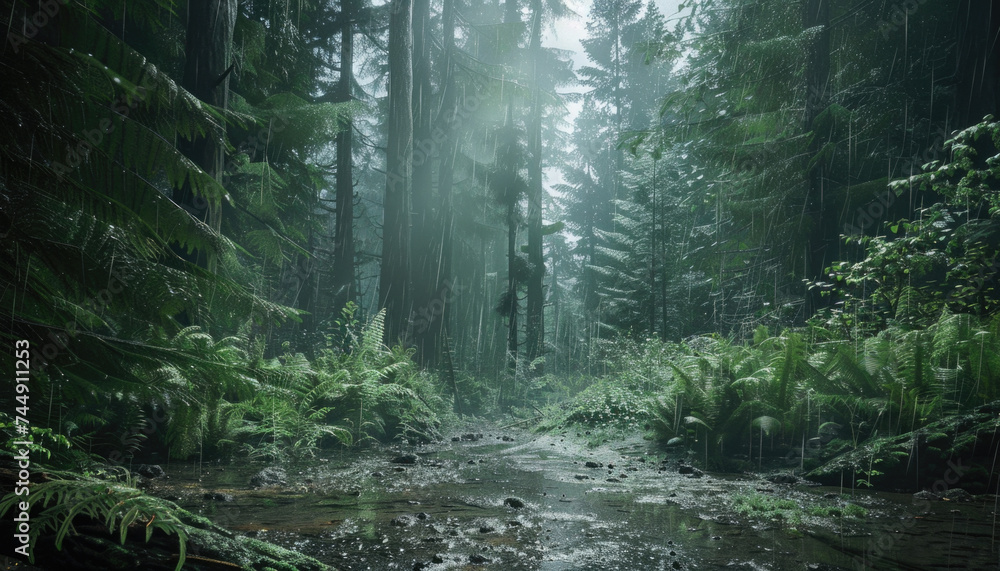 Obraz premium Photo of a pacific northwest forrest on a rainy day, foggy and mystic mountain forrest, gloomy dark forest during a foggy day, North Vancouver, British Columbia, Canada, European forrest