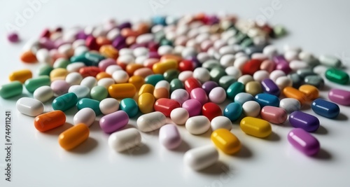 Vibrant assortment of multicolored pills on a white surface