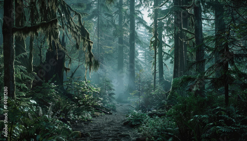 Photo of a pacific northwest forrest on a rainy day  foggy and mystic mountain forrest  gloomy dark forest during a foggy day  North Vancouver  British Columbia  Canada  European forrest