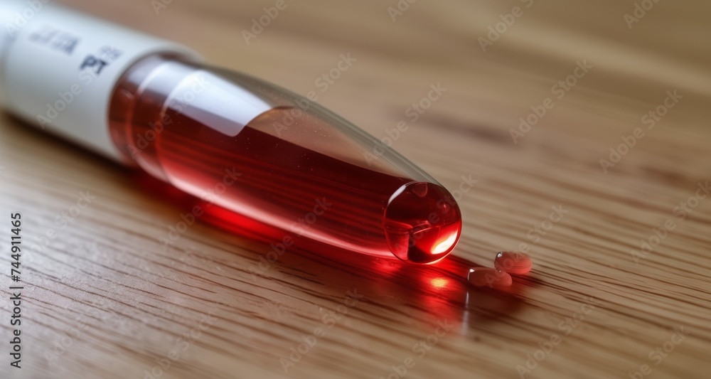 Medicine dropper with red liquid on wooden surface Medicine dropper with red liquid on wooden surface