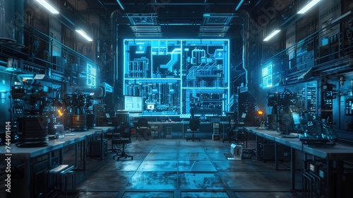 Advanced Engineering Laboratory with Holographic Blueprint Projections