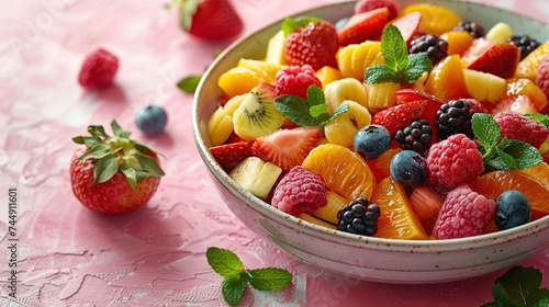 Bowl of healthy fresh fruit salad on pink background