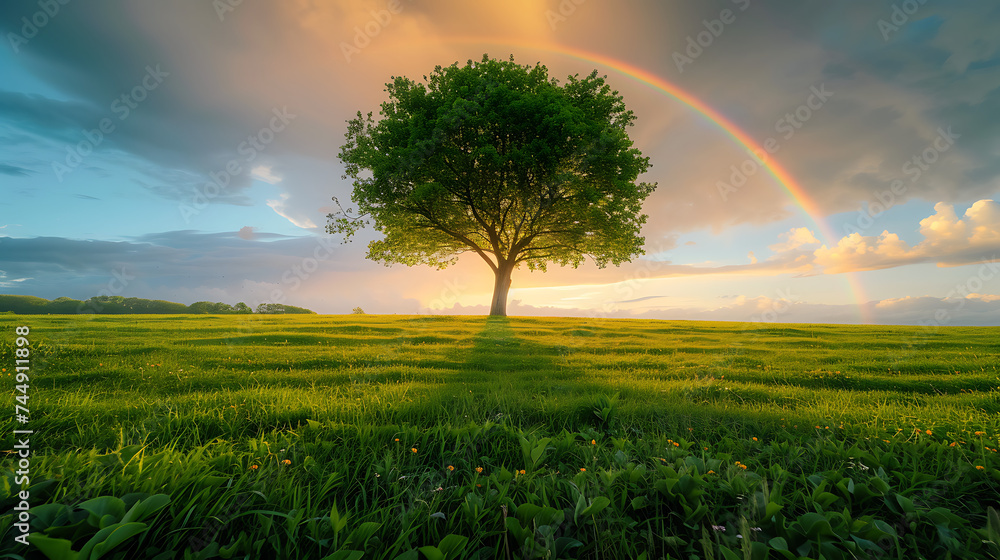 Um cenário de esperança e renovação árvore solitária campo verde sol dourado arcoíris ao longe - obrazy, fototapety, plakaty 